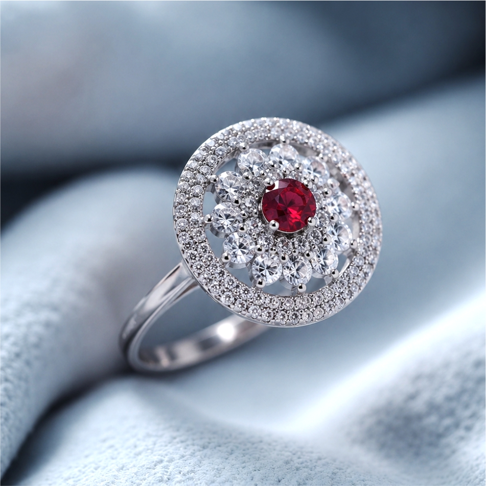 925 Silver Ruby Floral Halo Ring - Image 2