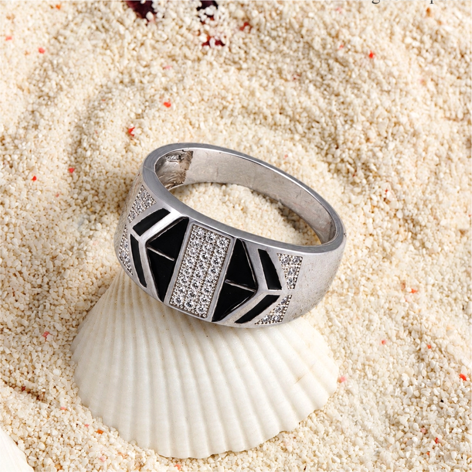 Black Geometric 925 Silver Ring - Image 2