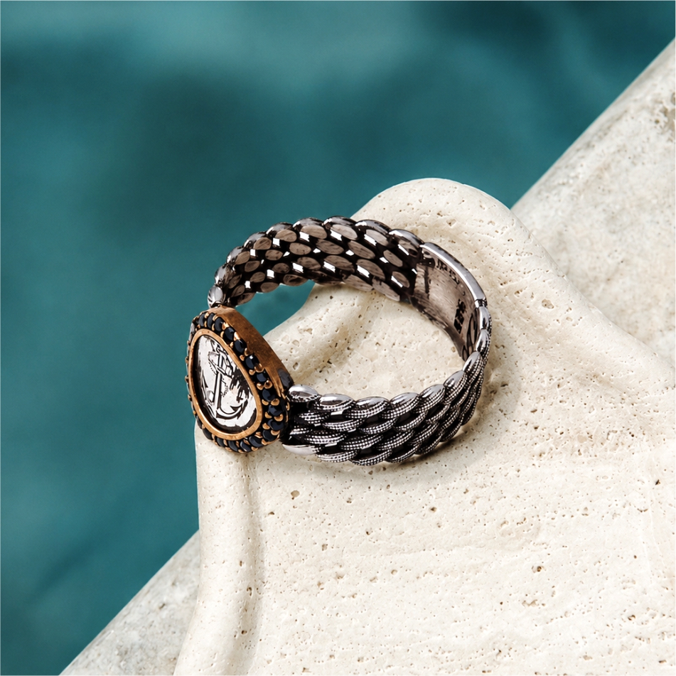Anchor Medallion Braided 925 Silver Ring - Image 2
