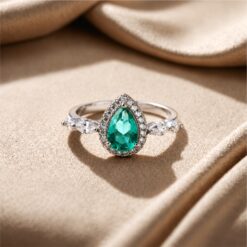 Alternative view of Green Pear Halo 925 Silver Ring