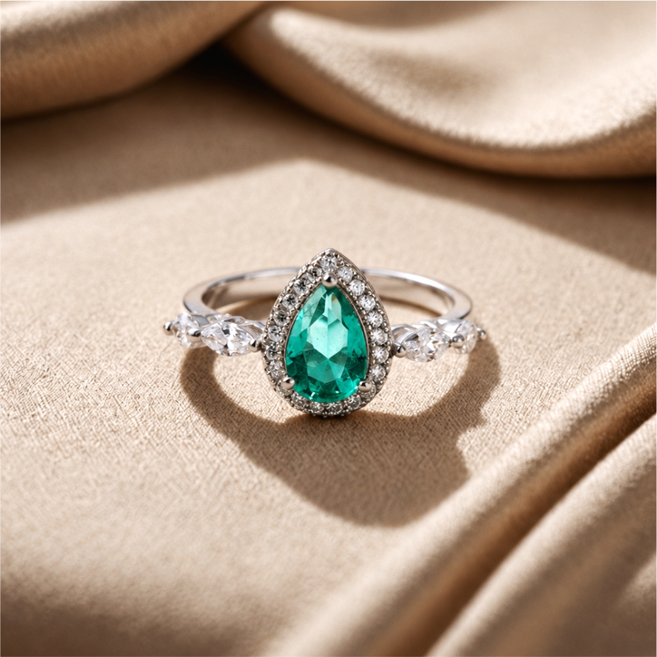 Green Pear Halo 925 Silver Ring - Image 2