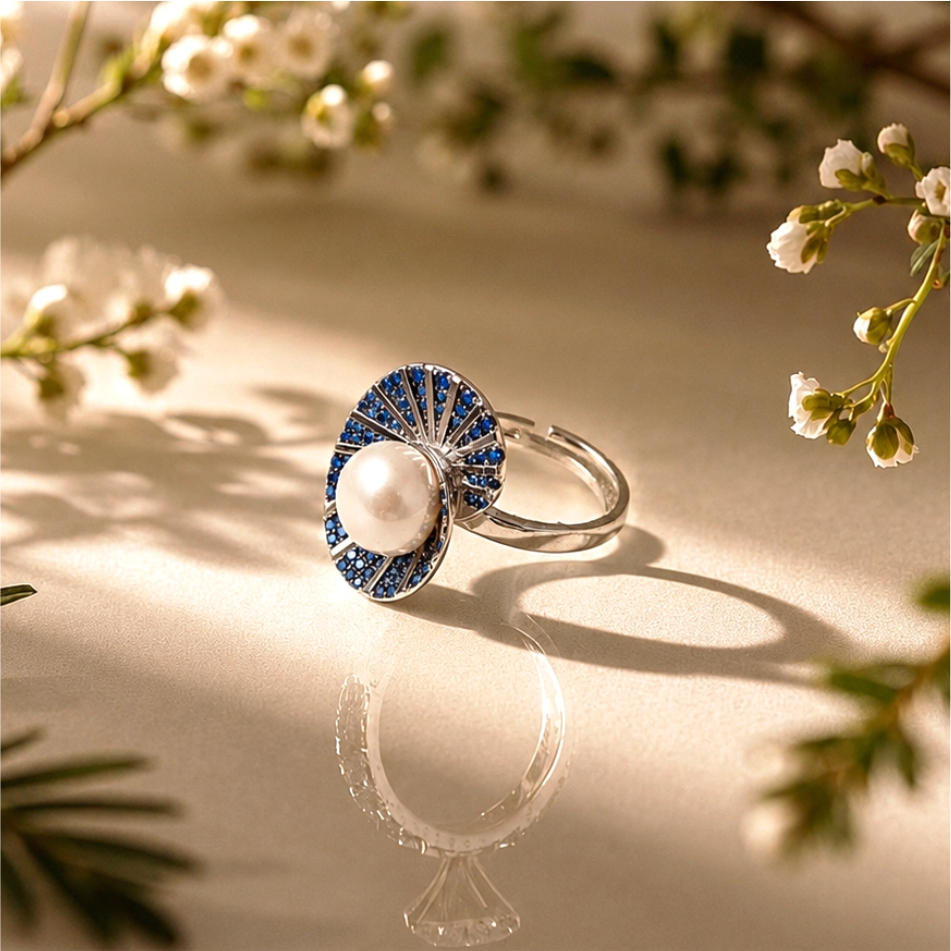925 Silver Blue Pearl Halo Ring - Image 2