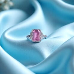 Alternative view of 925 Silver Emerald Cut Pink Halo Ring
