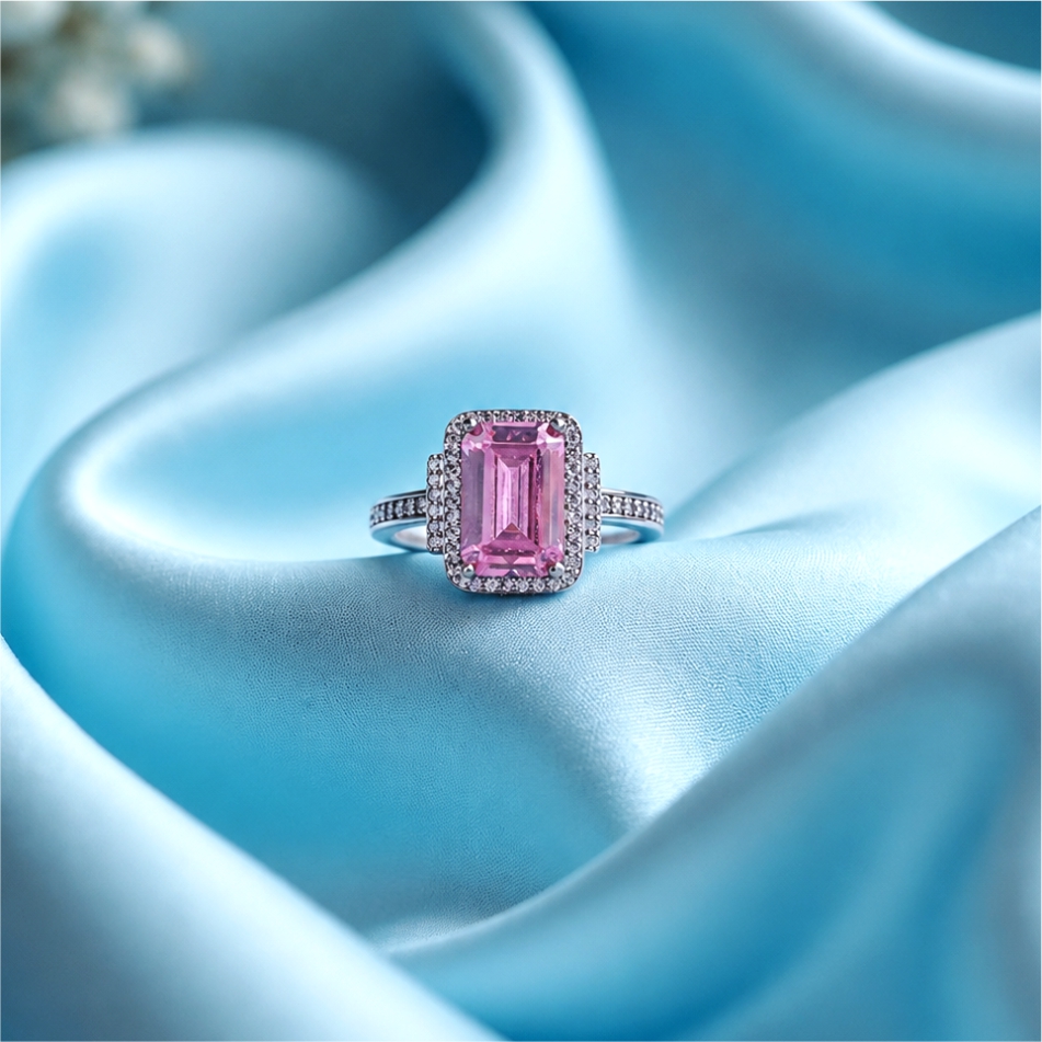 925 Silver Emerald Cut Pink Halo Ring - Image 2