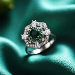 Alternative view of Green Floral Halo 925 Silver Ring