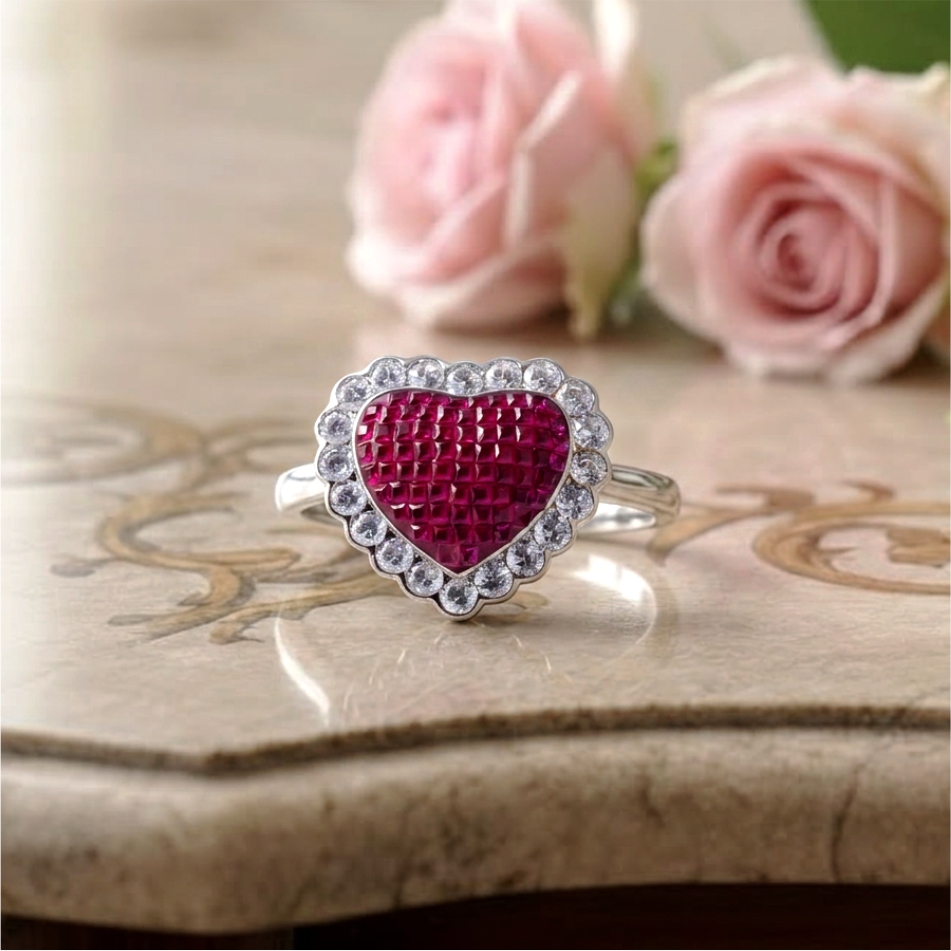 925 Silver Pink Heart Halo Ring - Image 2
