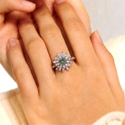 Alternative view of Green Sunburst Halo 925 Silver Ring