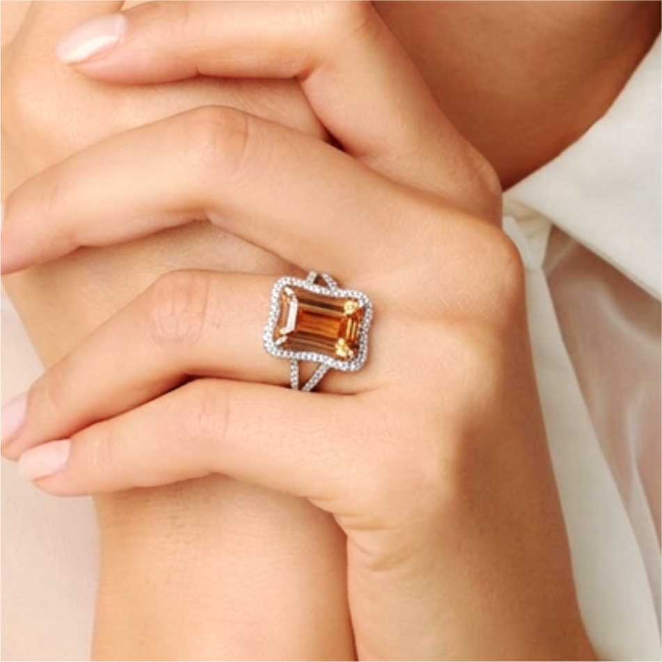 925 Silver Champagne Emerald Halo Ring - Image 2