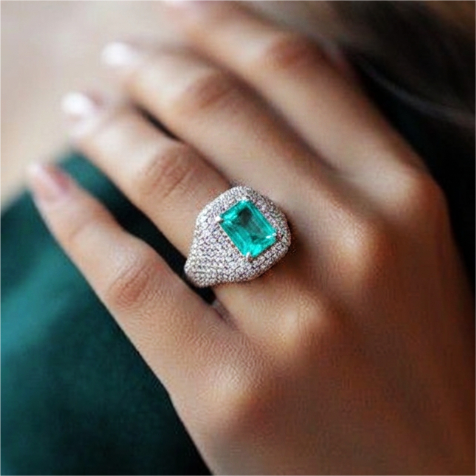 925 Silver Aqua Emerald Halo Ring - Image 2