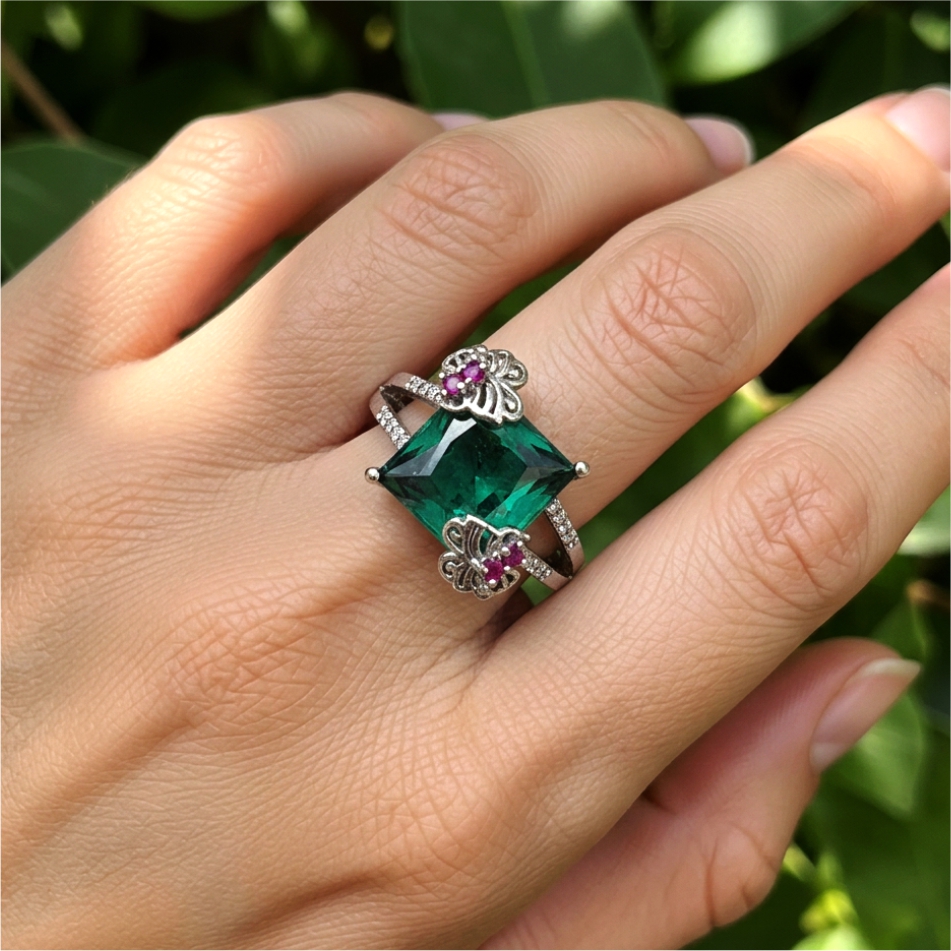 925 Silver Emerald Green Floral Ring - Image 2