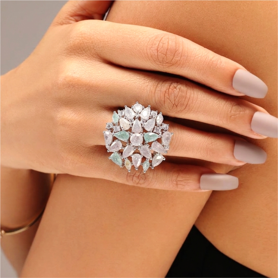 925 Silver Aqua Floral Cluster Ring - Image 2