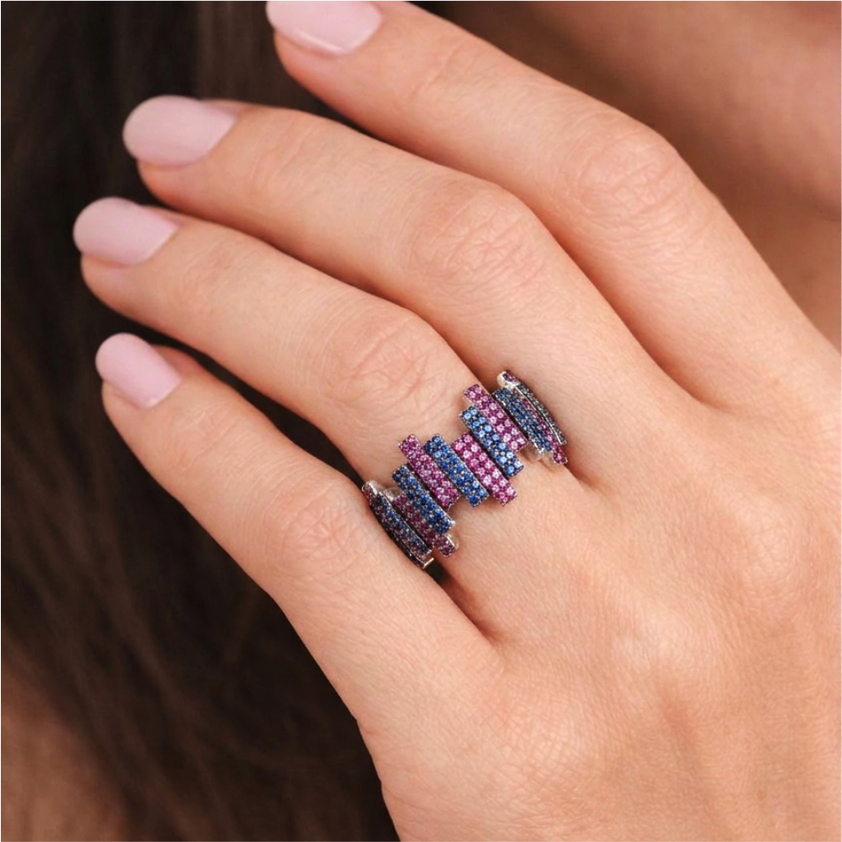 925 Silver Blue & Pink Geometric Statement Ring - Image 2