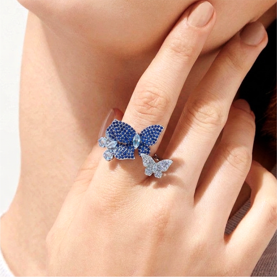 925 Silver Blue Butterfly Open Ring - Image 2