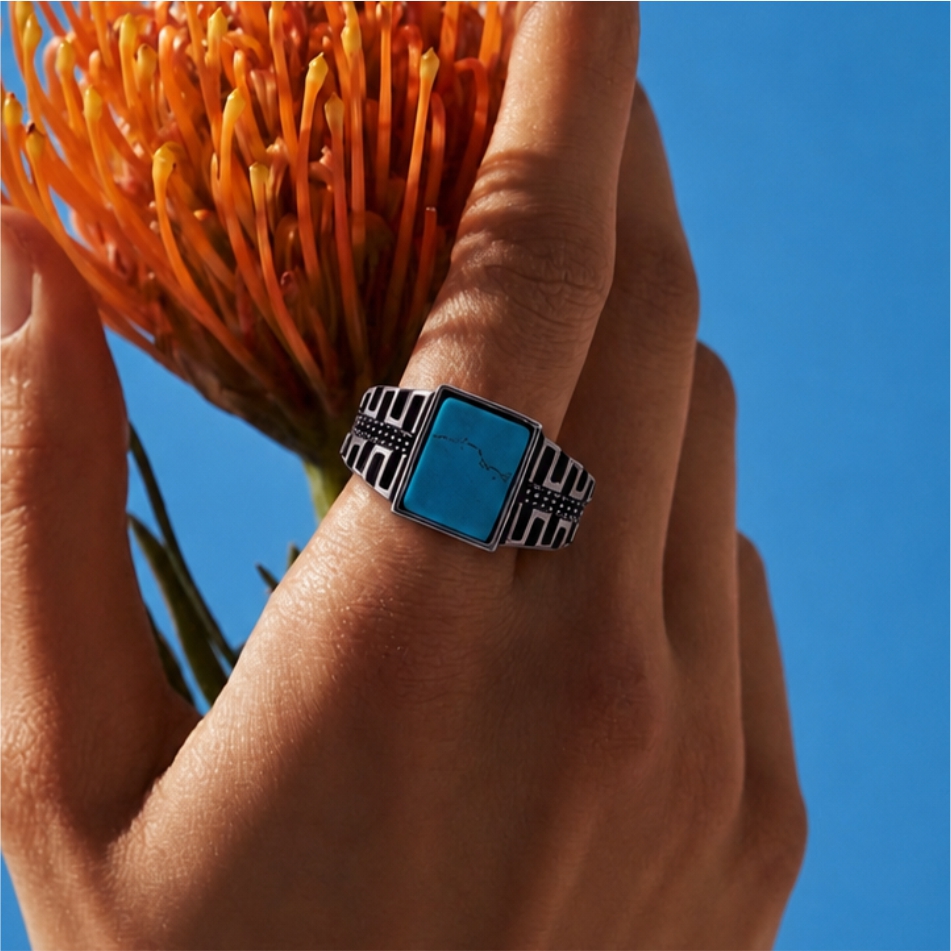 Turquoise Stone Oxidised 925 Silver Ring - Image 2