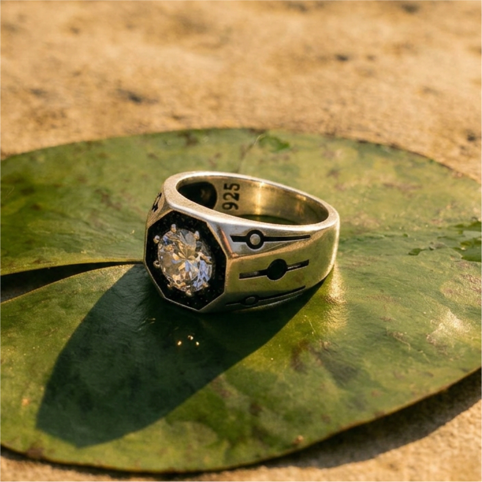 Round Crystal Stone Oxidised 925 Silver Ring - Image 2