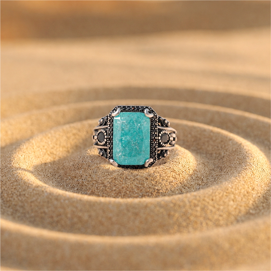 Emerald Green Stone Oxidised 925 Silver Ring - Image 2