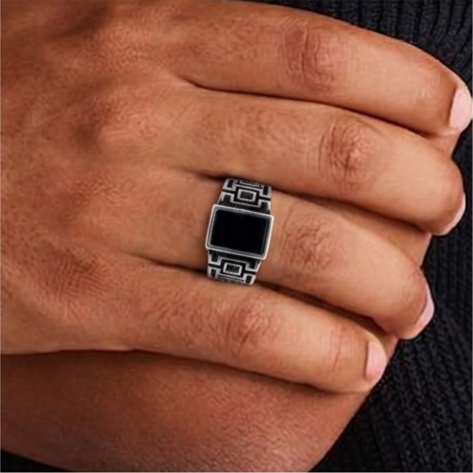 Black Stone Geometric Oxidised 925 Silver Ring - Image 2