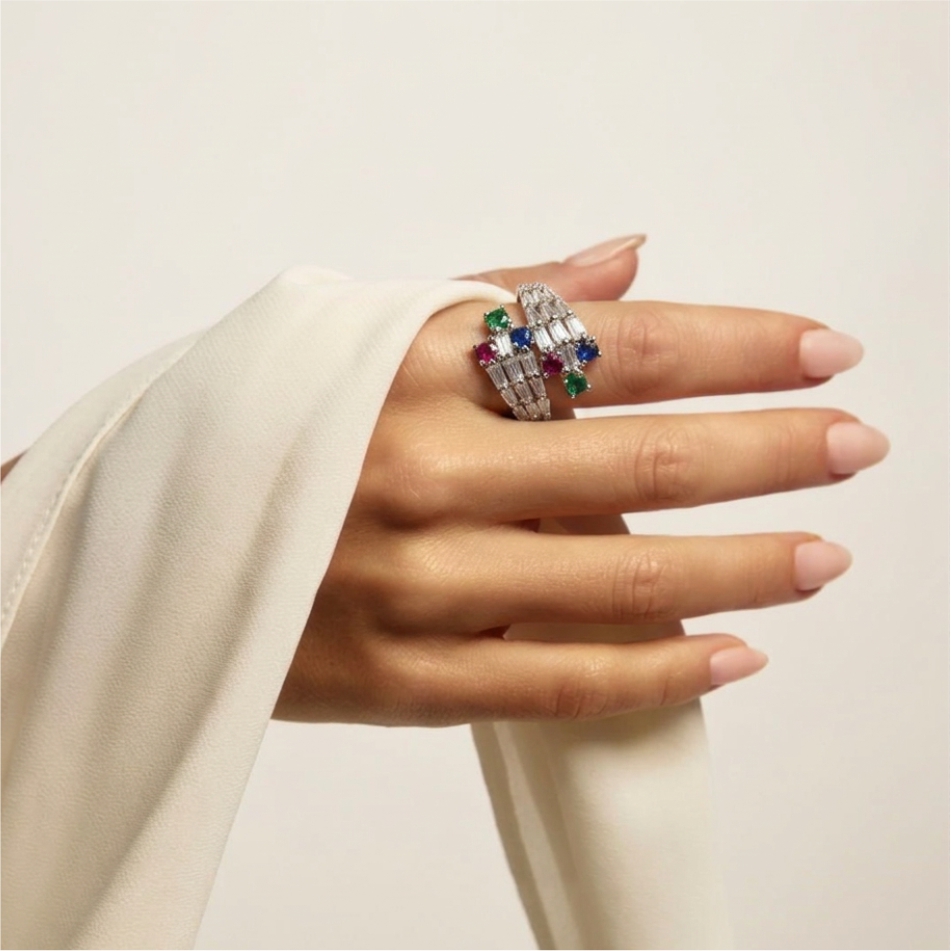 Multicolor Stone Open Design 925 Silver Ring - Image 2