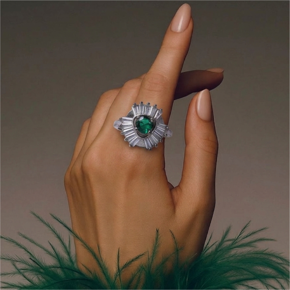 Green Heart Stone Sunburst 925 Silver Ring - Image 2