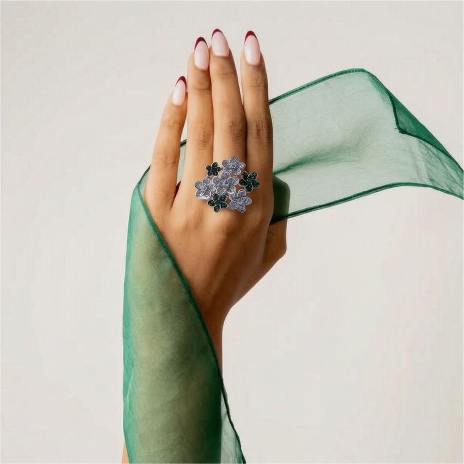 Floral Cluster Green Stone 925 Silver Ring - Image 2