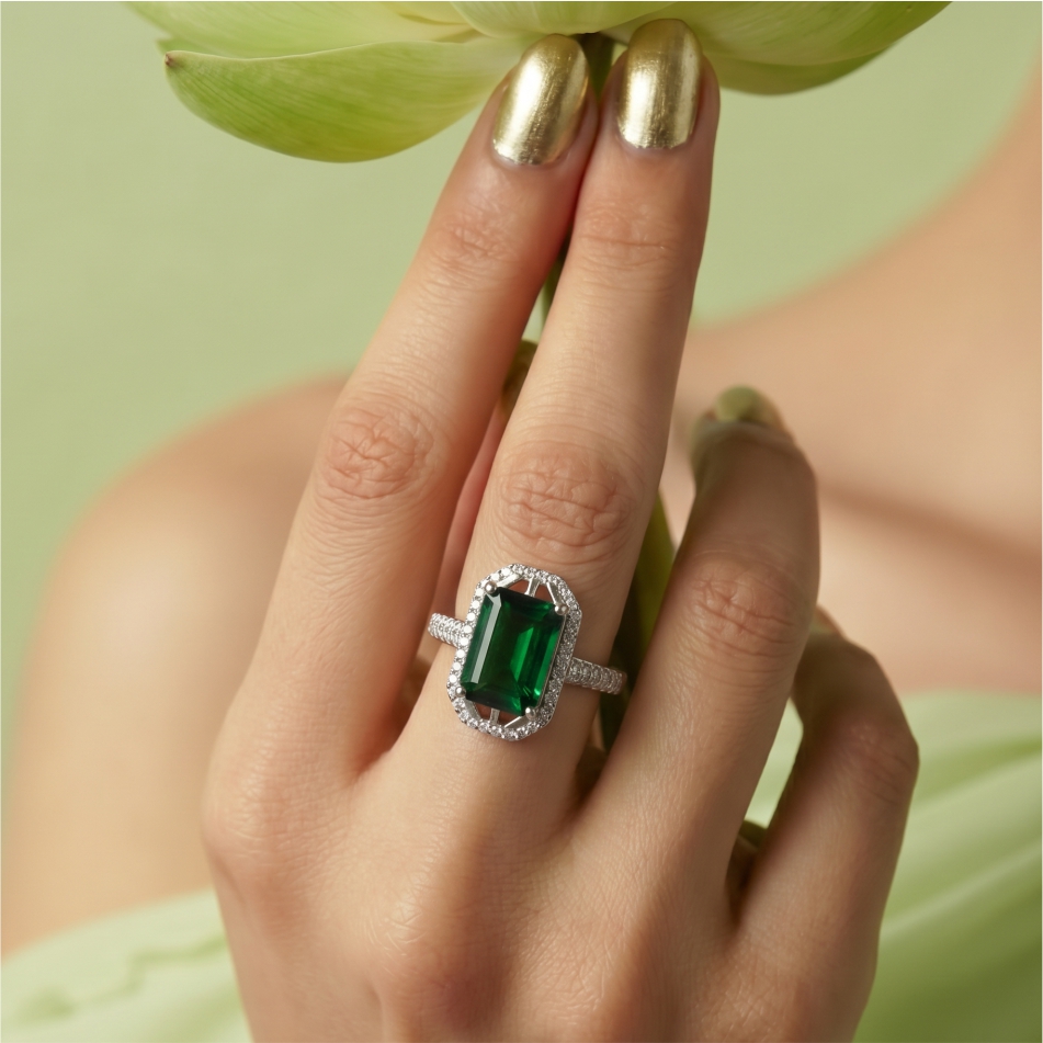 Emerald Green Rectangular Stone 925 Silver Ring - Image 2
