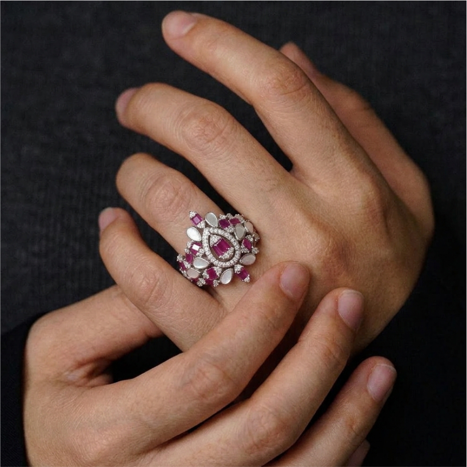 Pink and White Designer Statement 925 Silver Ring - Image 2
