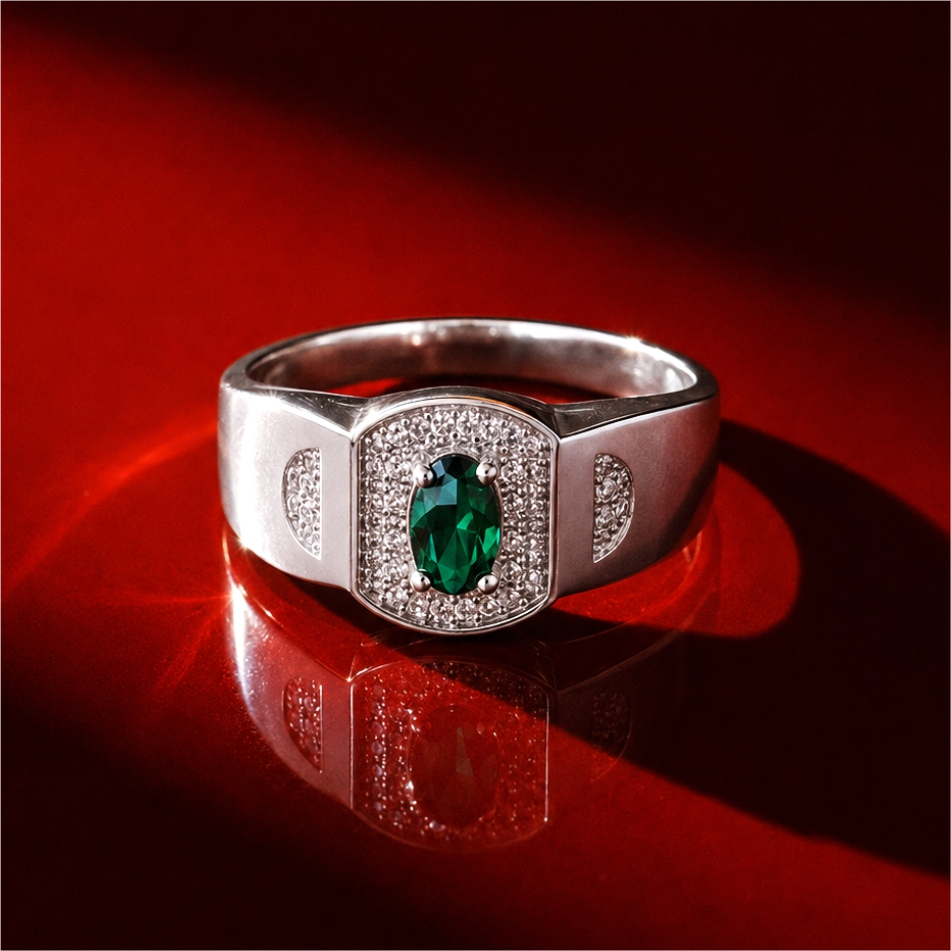 Emerald Halo Signet 925 Silver Ring - Image 2