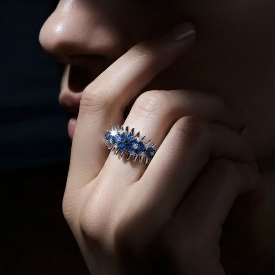 Blue Floral Designer 925 Silver Ring - Image 2