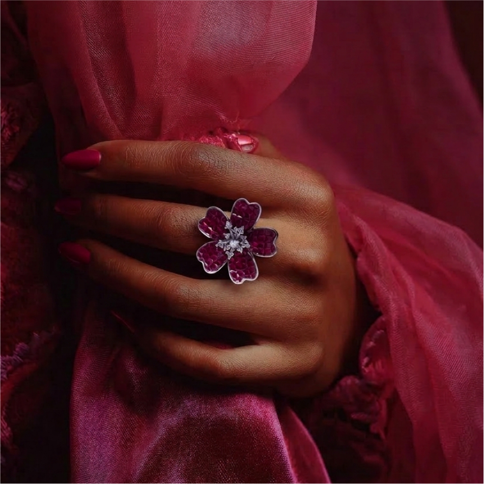 Ruby Red Floral Statement 925 Silver Ring - Image 2