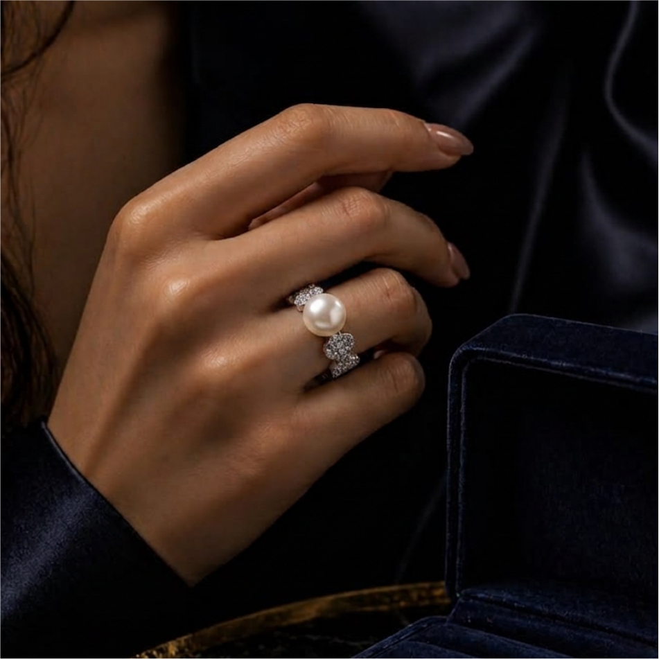 Pearl Bow Design 925 Silver Ring - Image 2