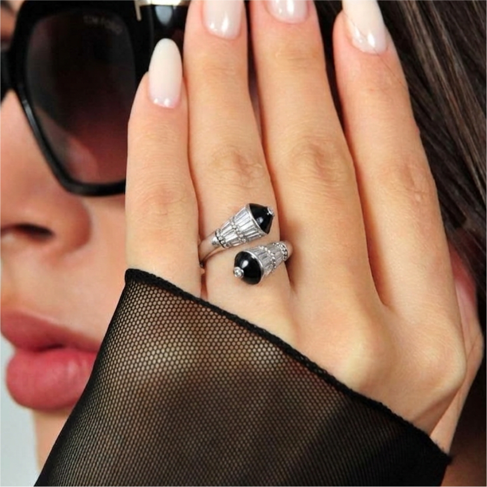 Black Stone Designer Open 925 Silver Ring - Image 2