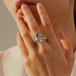 Alternative view of Green Stone Dual Band 925 Silver Ring
