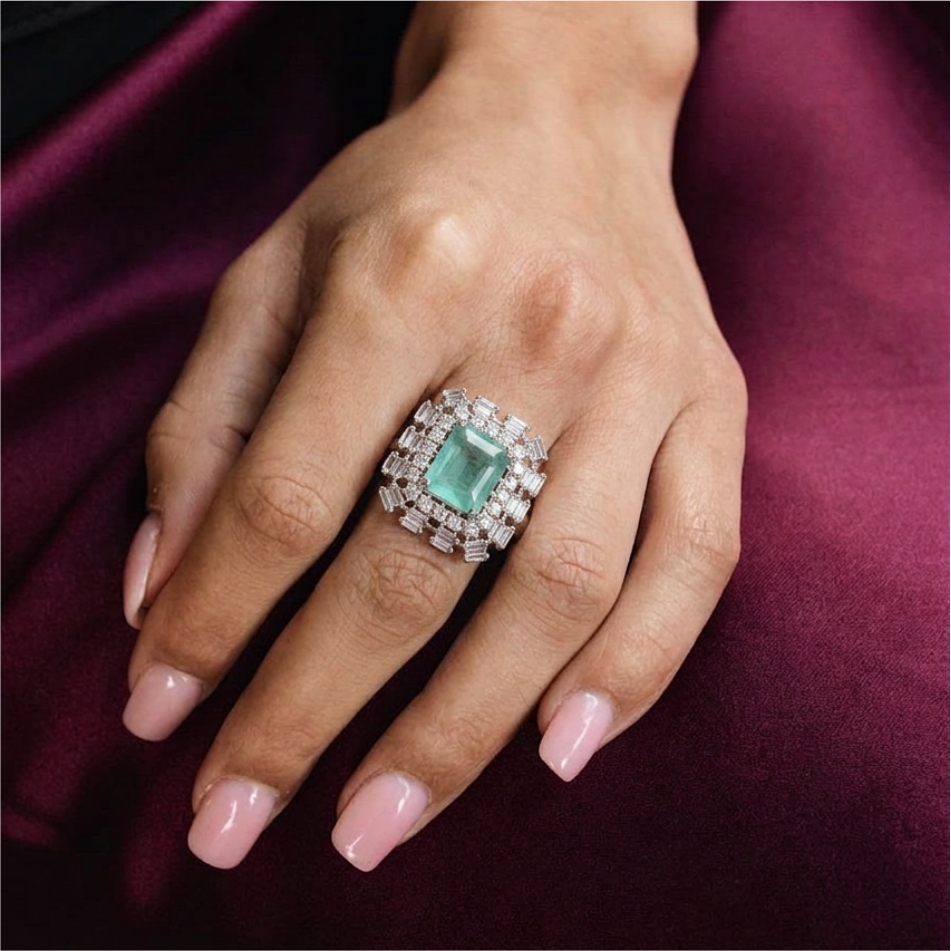 Mint Green Emerald Cut Stone 925 Silver Statement Ring - Image 2
