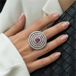 Alternative view of Ruby Stone Concentric Halo 925 Silver Ring