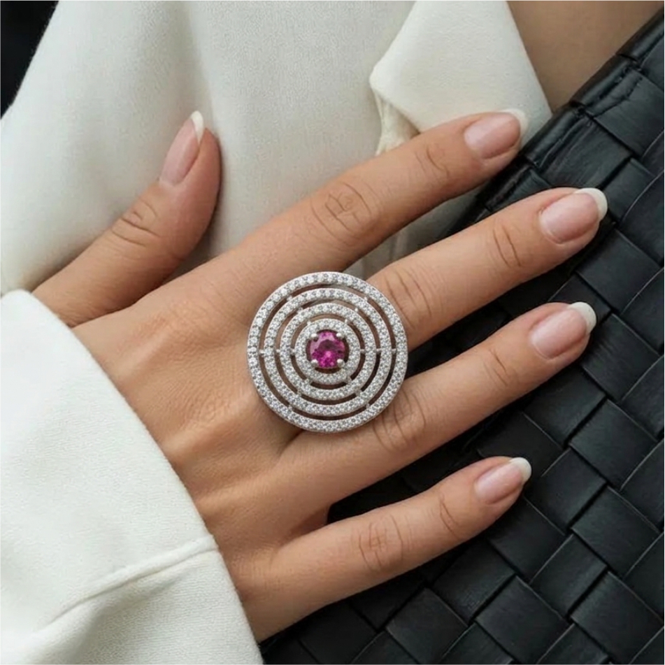 Ruby Stone Concentric Halo 925 Silver Ring - Image 2