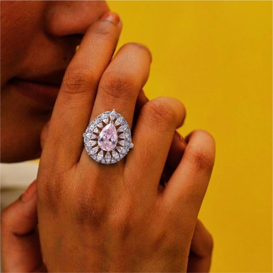 Pink Pear Cut Halo 925 Silver Ring - Image 2