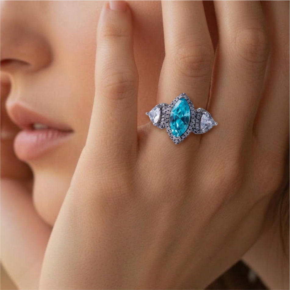 Sky Blue Marquise Stone Halo 925 Silver Ring - Image 2