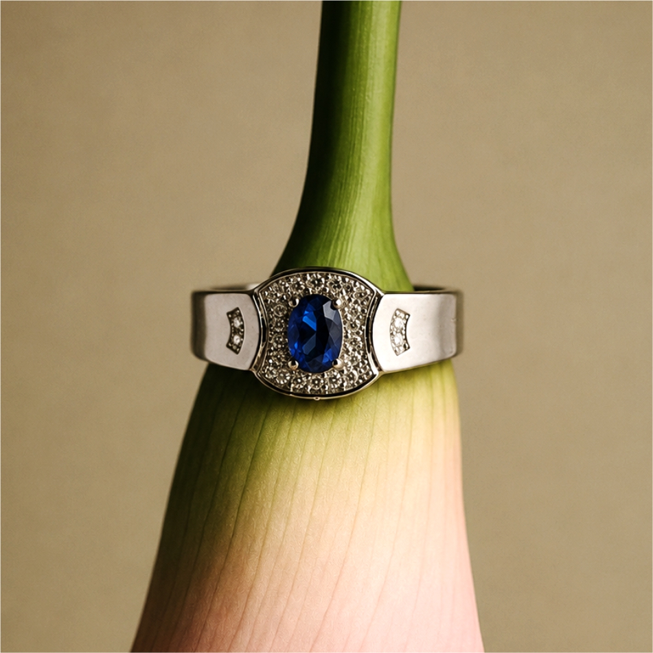 Blue Sapphire Halo Silver Ring - Image 2