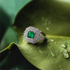 Alternative view of Green Princess Cut Halo 925 Silver Ring