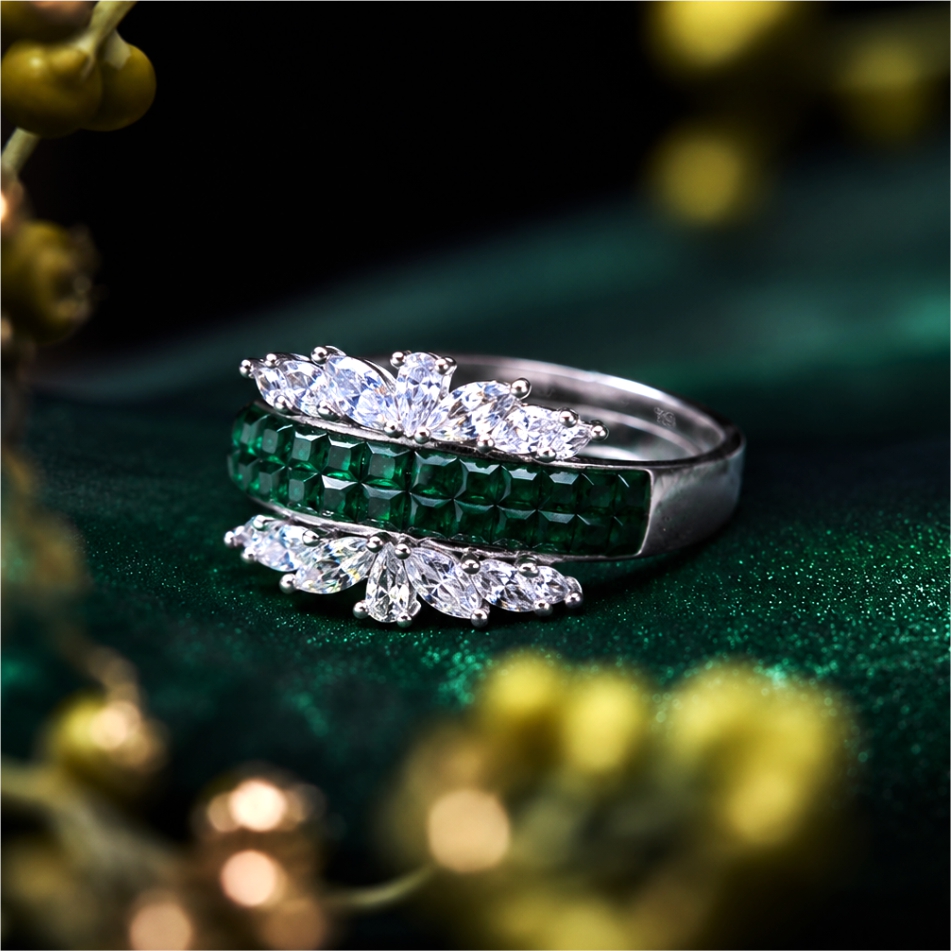 Green Floral Crystal 925 Silver Ring - Image 2