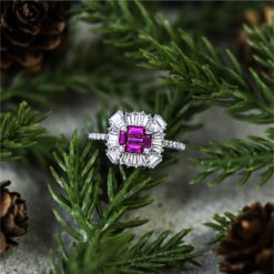 Alternative view of Ruby Baguette Halo 925 Silver Ring