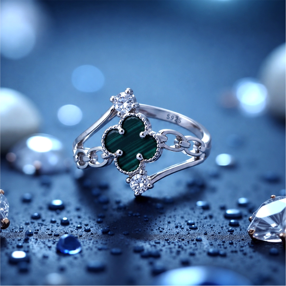 Green Clover Open Design 925 Silver Ring - Image 2