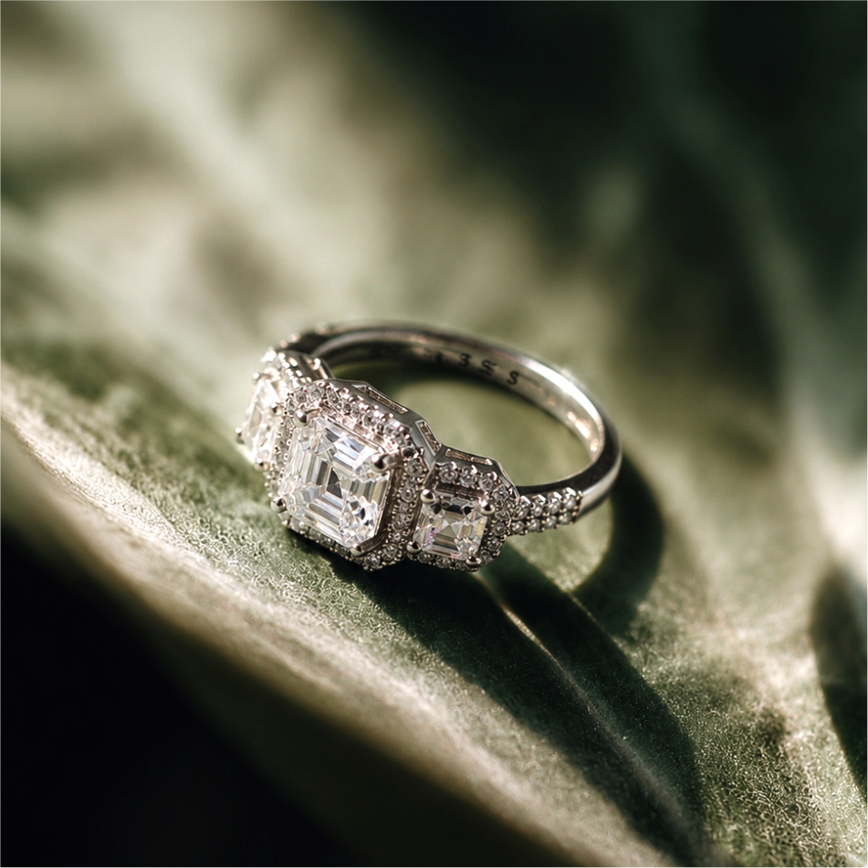 Three Stone Asscher Halo 925 Silver Ring - Image 2