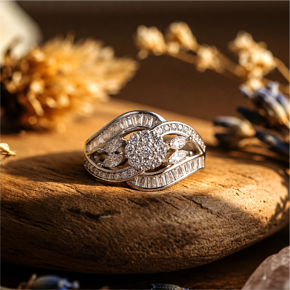Floral Infinity Baguette Design 925 Silver Ring - Image 2