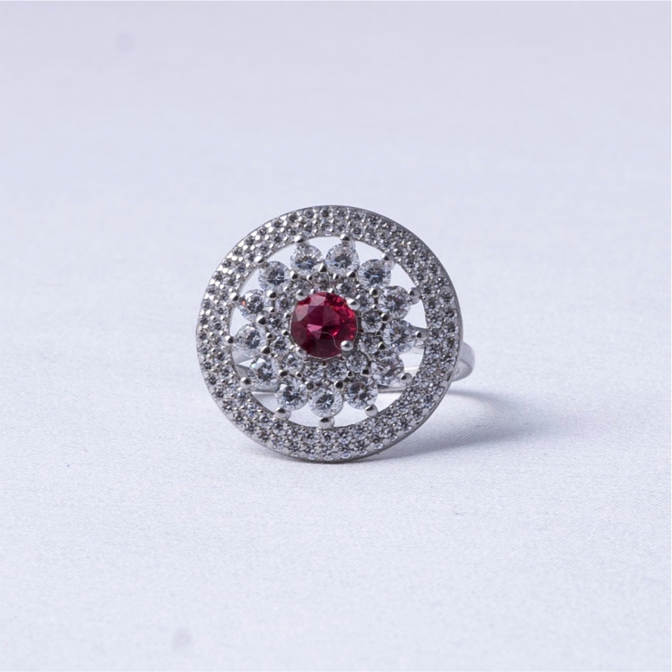 925 Silver Ruby Floral Halo Ring