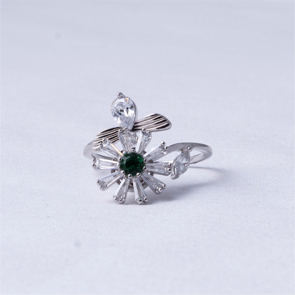 Floral Green Stone 925 Silver Ring