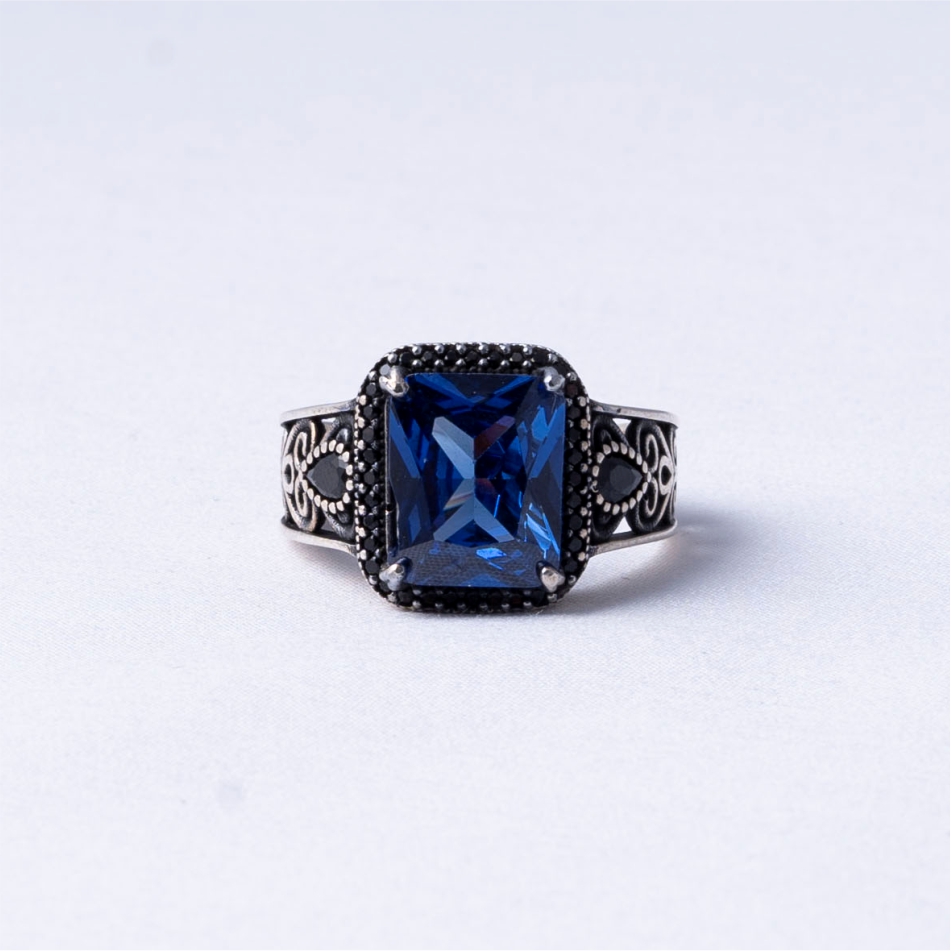 Blue Emerald Cut 925 Silver Ring
