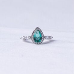 Green Pear Halo 925 Silver Ring
