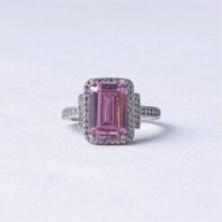 925 Silver Emerald Cut Pink Halo Ring