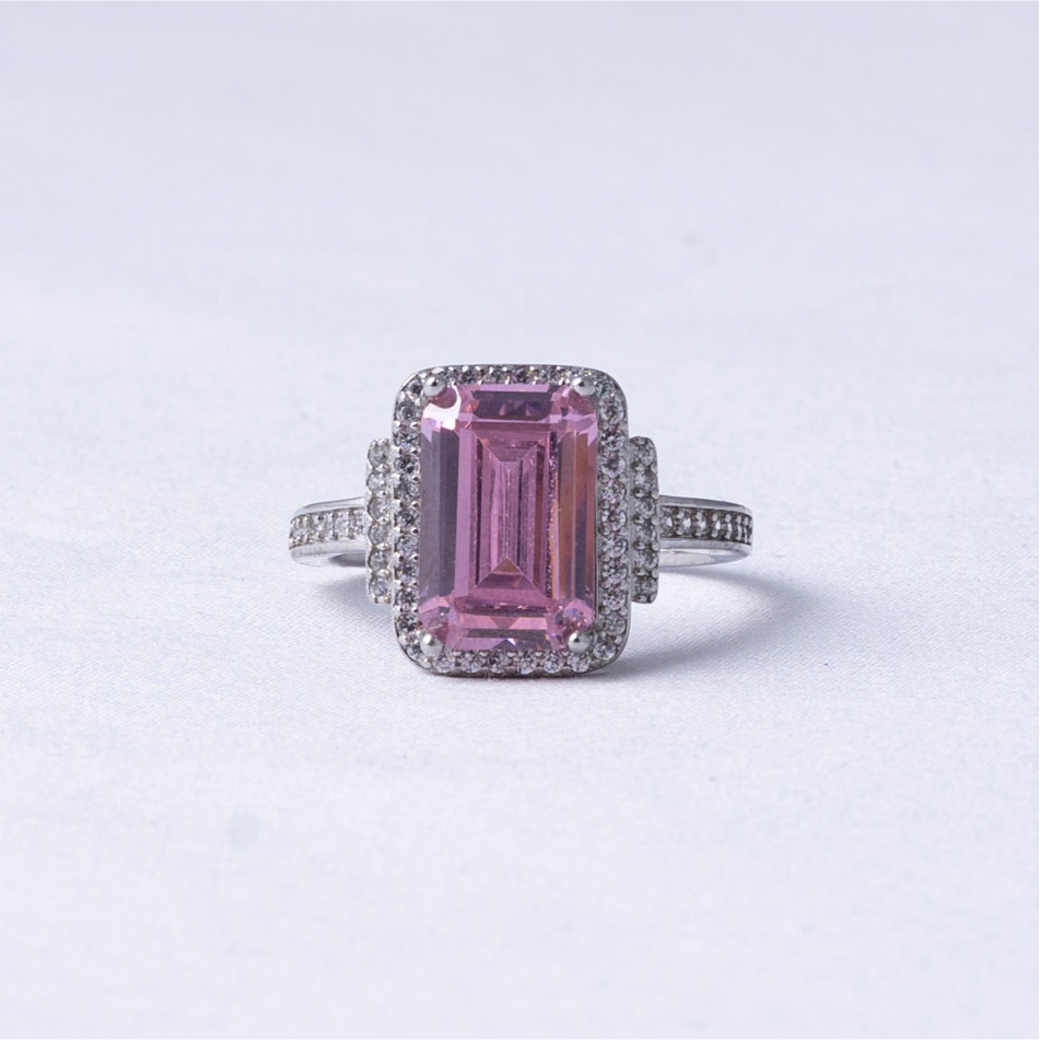 925 Silver Emerald Cut Pink Halo Ring